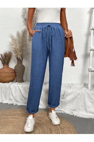 Simala Kadın Yüksek Bel Lastikli Belde Bağcık Detaylı Aerobin Pantolon Mavi