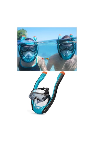 Hydro - Pro Full Face Flowtech Snorkel Set Deniz Dalış Maskesi S - M Beden Mavi