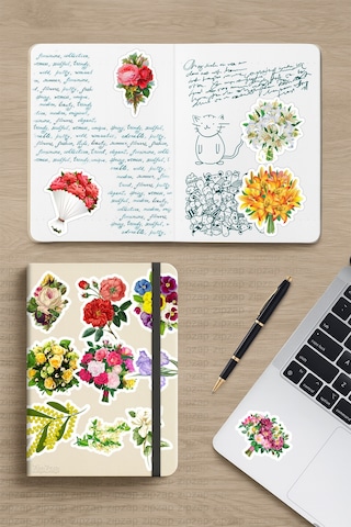 Çiçek Ve Çiçek Buketi Temalı Telefon Laptop Bullet Journal Yapışkanlı Folyo Sticker Paketi 25 Adet Çok Renkli