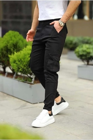 Erkek Körüklü Cep Ve Paça Ribana Detaylı Siyah Keten Kargo Pantolon Siyah