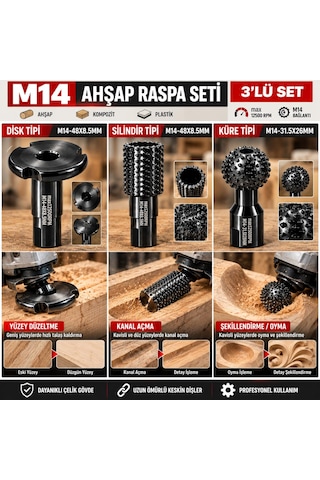 3 Parça Ahşap İşleme Oyma Kanal Açma Seti M14 Avuç Taşlamaya Uygun