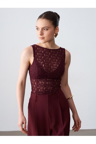 Dilvin 21202 Dantel Detaylı Kolsuz Top-bordo