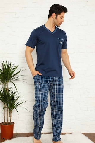 Farya Home Dreamy Ekoseli Kısa Kollu V Yaka Cepli Erkek Pijama Takımı İndıgo İndigo