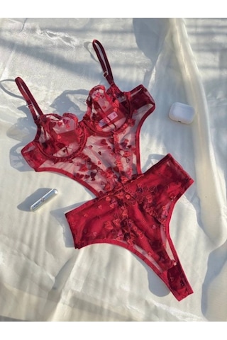 Arona Kadın Transparan Çiçek Desenli Tül Bordo Bodysuit Bordo