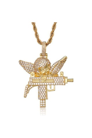 Hip Hop Buzlu Out Kübik Zirkonya Taş Bakır Guardian Melek Kolye Kolye Erkekler Kadınlar Ile 4mm Tenis Zincir Charm Takı Hediye Kolye Kolye Altın - Gümüş