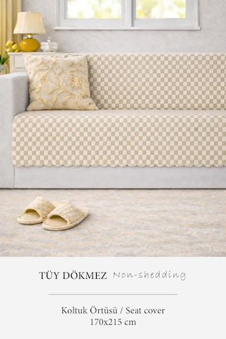 Aron Kürklü Koltuk Örtüsü 170x215 Cm Yumuşak Peluş Lüks Kaymaz Taban Kanepe Örtüsü Krem Kahve Krem - Kahve