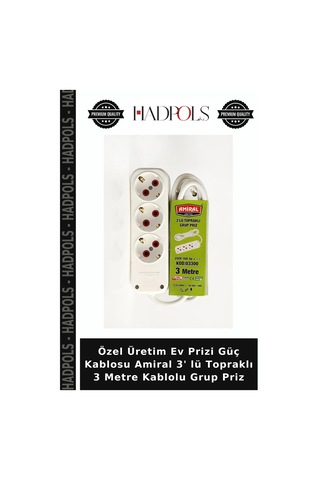 Özel Üretim Ev Prizi Güç Kablosu Amiral 3' Lü Topraklı 3 Metre Kablolu Grup Priz 3 M