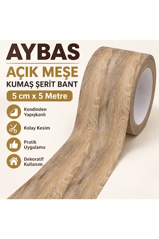Aybas 5 Cm X 5 Metre Açık Meşe Ahşap Desenli Kumaş Yapışkan Bant Mobilya Kaplama Ve Tamir Şeridi 5 Cm X 5 Metre - Açık Meşe