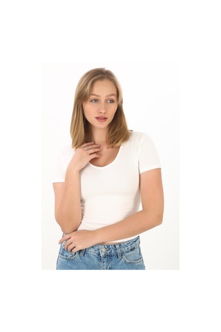 V Yaka Slim Fit Crop Tişört-ekru Ekru
