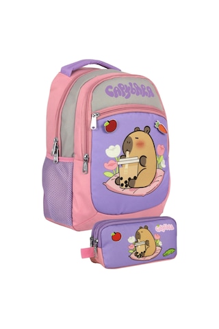 Capybara Kız Çocuk İlkokul Sırt Çantası Ve İki Gözlü Kalemlik Seti - Mor - Pembe - Setcpb5233c Çok Renkli