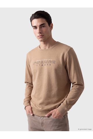 Lcwaıkıkı Classic Bej Bisiklet Yaka Baskılı Sweatshirt