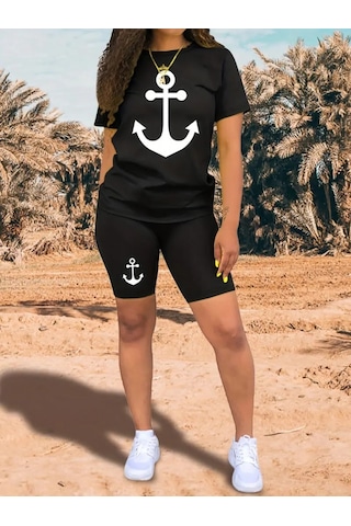 Gülsüm Aydın Kadın Kısa Kollu Çapa Baskılı Viskon Ikili Takım Siyah