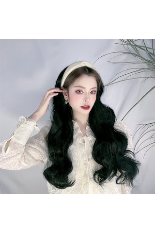 Peruk Kadın Uzun Saç Tembel Kafa Bandı Yarım Başlık Uzun Kıvırcık Saç Tek Parça Dikişsiz Büyük Dalga Peruk Kılıfı