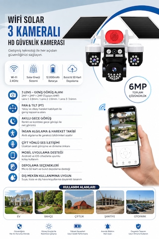 Linadex Lx-0991 Wifi Solar 3 Kameralı Hd Güvenlik Kamerası-çift Solar