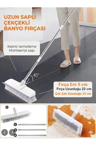 360 Derece Döner Başlıklı Sert Kıllı Zemin Fırçası Çekçekli Halı Fayans Banyo Temizleme Beyaz