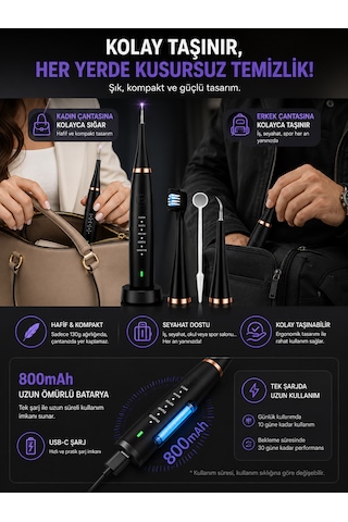 Ipx8 Su Geçirmez Şarjlı Akıllı Diş Fırçası 42000 Vpm Ultrasonik 800mah 5 Mod 3 Yedek Başlık Beyaz