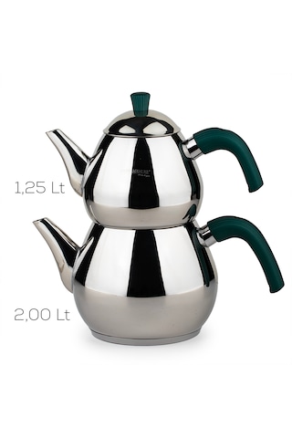 Porsima 1029-2 Damla Bakalit Kulp Orta Boy Paslanmaz Çelik Çaydanlık Takımı - Yeşil - 1.25-2.00lt