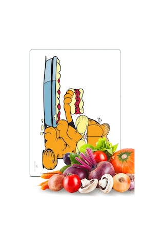 Garfield Lazanya Desenli Cam Kesme Tahtası Ve Sunumluk 25 X 35 Cm Çok Renkli