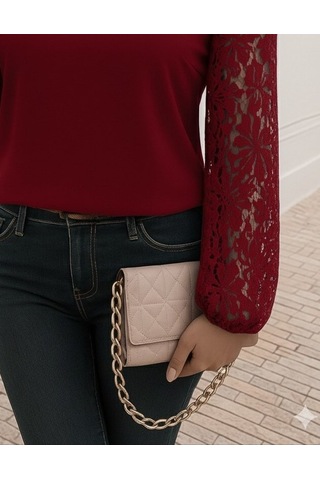 Tua Moda Kadın Uzun Kollu Asimetrik Yakalı Dantelli Ithal Krep Bluz Kırmızı