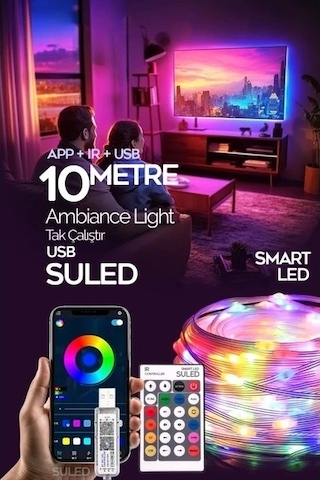 Tv Arkası 10 Metre Bluetooth Telefon Kontrollü Smart Şerit Led Sese Duyarlı Kumandalı Led Işık Çok Renkli