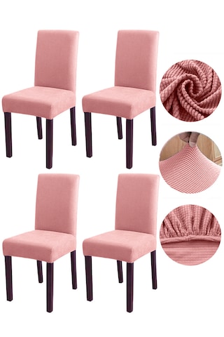 Bambu Nano Kumaş Likralı Lastikli Sandalye Kılıfı Yıkanabilir Esnek Sandalye Örtüsü 4 Lü Set Somon
