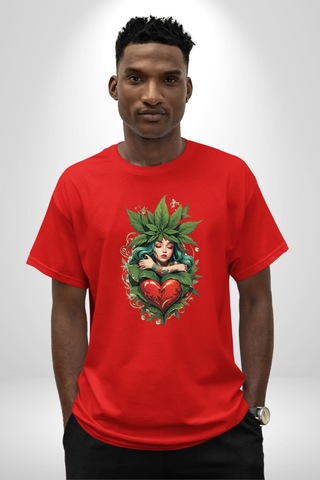 Kalp Parmak Kız Yeşillik Mutluluk Pamuklu Bisiklet Yaka Unisex Oversize Boyfriend Dijital Baskılı Kırmızı T-shirt Kırmızı