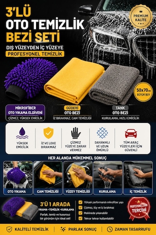 Muggio 3 Lü Profesyonel Oto Temizlik Seti Mikrofiber Eldiven + Güderi Bez + Tank Oto Bezi