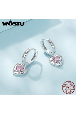 Wostu Düğün Takısı 925 Ayar Gümüş Pembe Cz Kalp Bırak Dangle Küpe Kadınlar İçin Platin Plaka Aşk Kalp Kız Çemberler Hediye