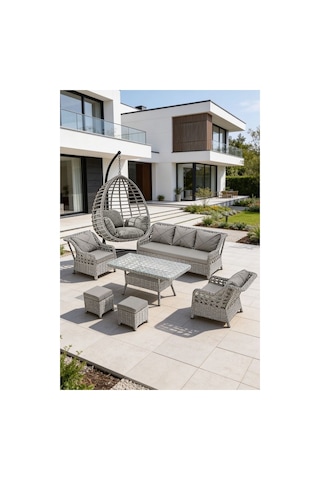 Dora Garden Home Ecem 7 Kişilik Rattan Bahçe Mobilyasi-tek Kişilik Salıncak Seti - Açık Gri Siyah Çizgili