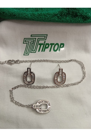 Tiptop/ Gümüş Renk Zirkon Taşlı Baget Kolye Ve Küpe Set Gümüş