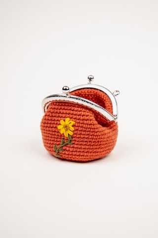 Fabric Craft Bag Bozuk Para Cüzdanı Klipsli Örgü, Çiçek Nakışlı Merserize İplik Kiremit