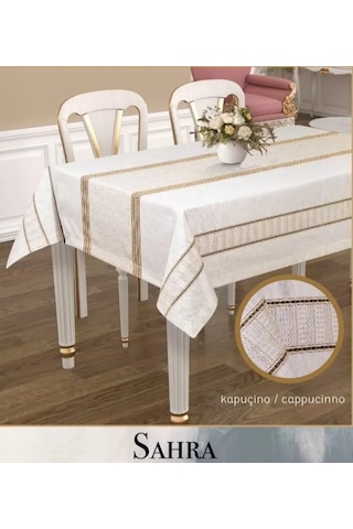 Buradabulabilirsin Polyester Ajurlu Keten Masa Örtüsü Tablecloth 160x220 Cm Dantelli Yemek Masası Örtüsü Sahra Model Kapicino Bbz