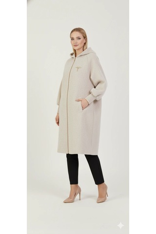 Kadın Gri Kapüşonlu Balon Kol Fermuarlı Kaban Oversize Midi Boy Kışlık Kaşe Mont Taş