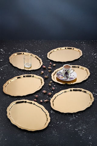 6 Adet Oval Dalgalı Sade Kahve Ve Sunum Tepsisi 20 Cm X 25 Cm