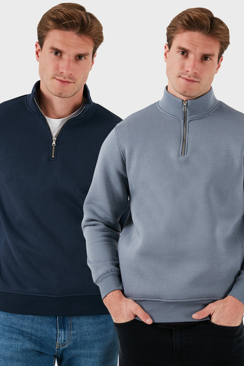 Buratti Pamuklu Regular Fit Dik Yaka 2'Li Paket Erkek Sweat 59052592S2 Koyu Gri-Koyu Lacivert