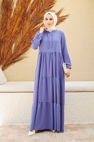 Neways 6531-Krep Kapüşonlu Reglan Kollu Elbise Eflatun