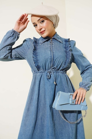 Fırfırlı Fermuarlı Balon Kol Kot Elbise Mavi