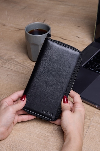 Lysande Hakiki Deri Unisex Telefon Bölmeli Cüzdan 15 Kartlıklı Cüzdan Kartlık siyah