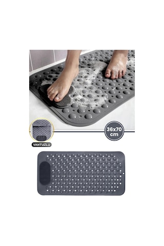 Vantuzlu Dikdörtgen Banyo Duş Kaydırmaz Paspas, Küvet İçi Banyo Zemini Ayak Masaj Halısı 70x36cm Gri