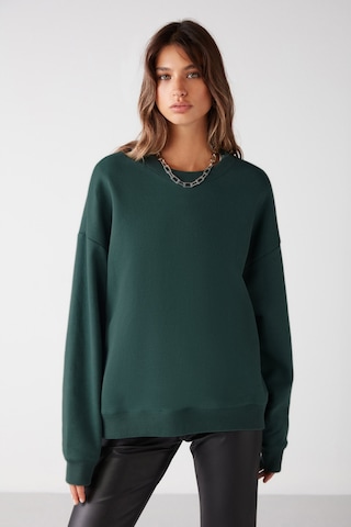 Grimelange Susana - Kadın Bisiklet Yaka Içi Polarlı Oversize Fit Basic Koyu Yeşil Sweatshirt