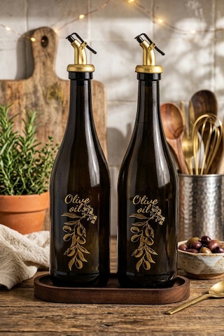 Snippy Poura - Ahşap Standlı 2'li Yağdanlık Zeytinyağı Sıvı Yağ Sirke Şişesi Yağdanlık Seti 750 ml