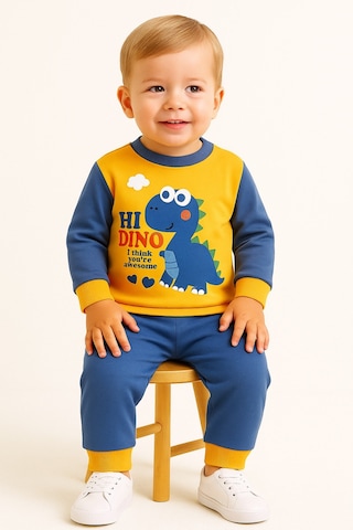 Aden Kids Erkek Çocuk Dinozor Baskılı Pamuklu Penye Pijama Takımı 0-5 Yaş Mevsimlik, Günlük Kullanıma Uygun Lacivert - Sarı