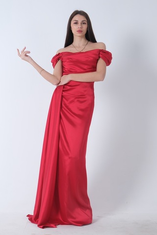 Feminist Kırmızı Drape Detaylı Saten Kumaş Abiye Elbise 9704858
