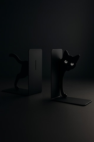 Sevimli Gözlü Kedi Figürlü Metal Kitap Tutucu 2 Li Set Dekoratif Kitaplık Ve Masa Üstü Aksesuarı