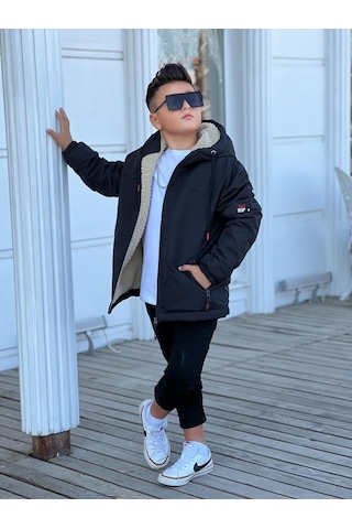 Erkek Çocuk Kapüşonlu İçi Kürklü Mont Km3050 Siyah