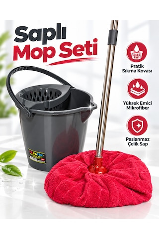 Temizlik Mop Seti - Yuvarlak Mop Ve Su Kovası Sıkma Hazneli 12 Lt Ve Saplı Havlu Mop Seti-gri Kova