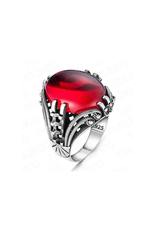 Takılingo 925 Ayar Gümüş Ruby Taşlı Sade Motifli Erkek Yüzük Gümüş