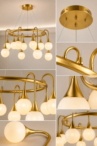 Eskitme Premium Gold 15 Opal Küreli Led Avize Salon Yemek Odası Dekoratif Sarkıt Avize 60w