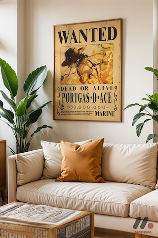 One Piece Portgas D Ace Wanted Poster, Ahşap Çerçeveli Duvar Tablosu - Anime Severlere Özel Hediye