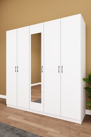 Asra Trend 5 Kapaklı Gardırop G-04 %100 MDF 2 Çekmeceli Aynalı Elbise Dolabı Beyaz